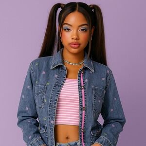 Butterfly‎ Embroidered Y2K Pink Green Denim Jacket Alfred Dunner Size 10 Petite